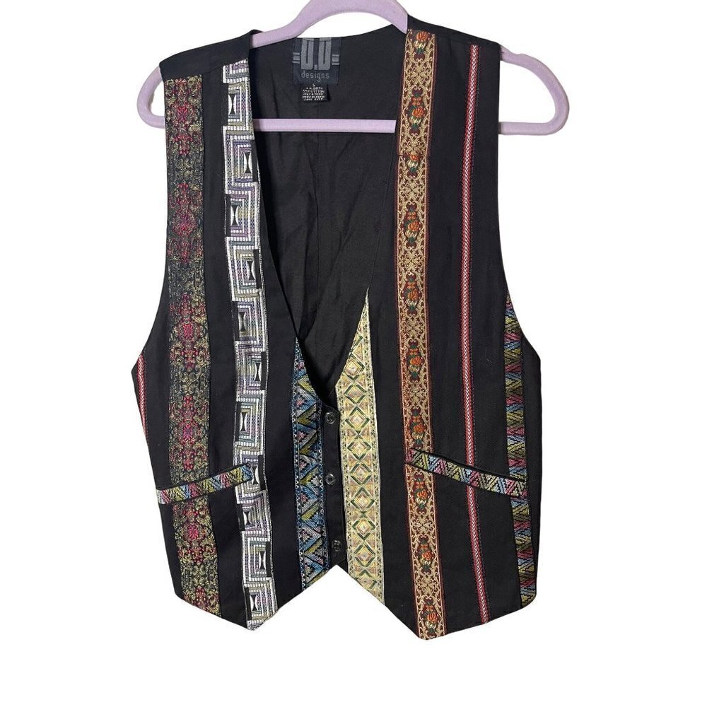 D D Designs Vintage Womens Vest Size Small Black Multi Tapestry Metallic Ribbon